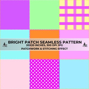 Könnte beinhalten: Ein farbenfrohes Patchworkmuster mit Quadraten in Lila, Grün, Orange, Rosa und Blau. Einige Quadrate haben Polka Dots oder ein Gittermuster. Der Text lautet "BRIGHT PATCH SEAMLESS PATTERN" und "PATCHWORK & STITCHING EFFECT".