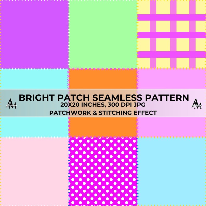 Patchwork Seamless Pattern File, Colourful Patch Repeat Pattern with Stitching, Bright Digital Paper, Fun Retro Kids Design Embroidery Quilt
