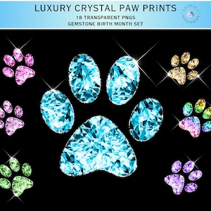 Op de afbeelding: Digitale kunst met kristallen pootafdrukken in verschillende kleuren, waaronder blauw, roze, groen en goud, op een zwarte achtergrond. De tekst bovenaan luidt "LUXURY CRYSTAL PAW PRINTS".
