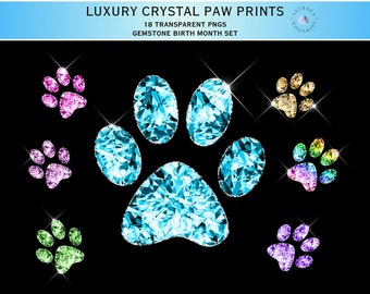 May include: Digital art featuring crystal paw prints in various colors, including blue, pink, green, and gold, on a black background. The text at the top reads "LUXURY CRYSTAL PAW PRINTS".
