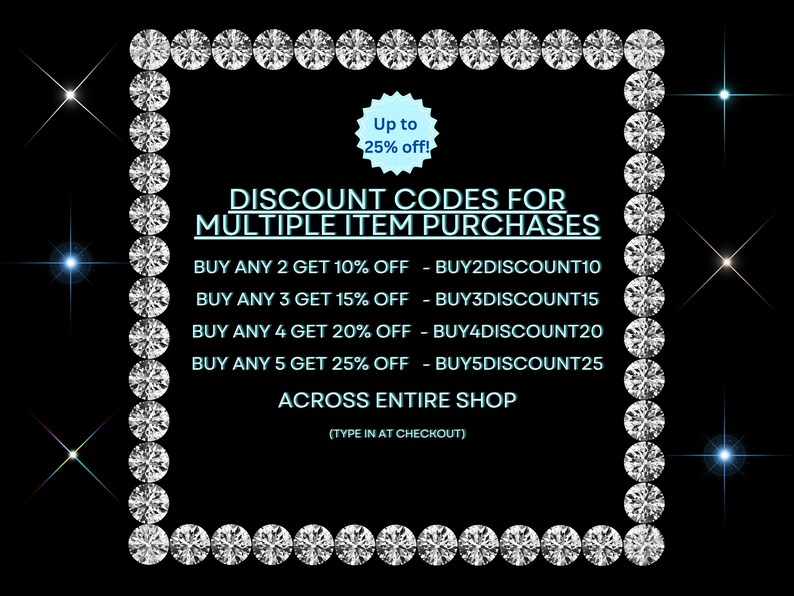 以下が含まれることがあります： ダイヤモンドのボーダーと、複数商品の購入に対する割引コードを宣伝するテキストが配置された黒い背景。テキストには「最大25%オフ！」と、チェックアウト時に割引を適用する方法の詳細が含まれています。