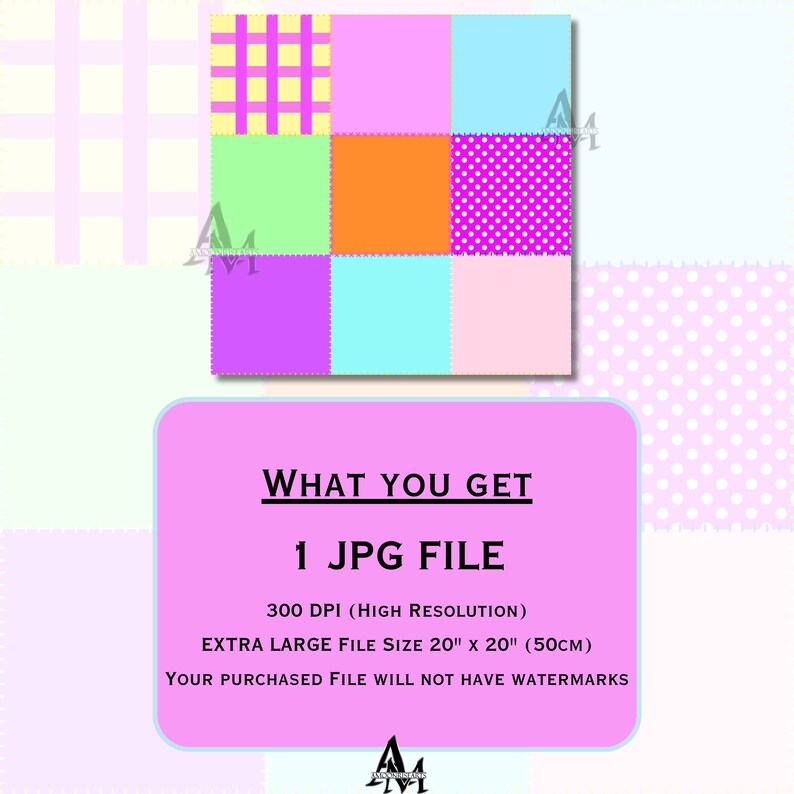 以下が含まれることがあります： ピンク、紫、オレンジ、青など、さまざまな色とパターンで正方形が配置された、カラフルなパッチワークデザインのデジタルファイル。画像には「WHAT YOU GET」、「1 JPG FILE」、「EXTRA LARGE FILE SIZE 20インチ x 20インチ (50cm)」というテキストが含まれています。