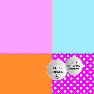 以下が含まれることがあります： ピンク、水色、オレンジ、ピンクのドット柄の4つの異なるセクションを持つカラフルなパッチワークデザイン。「LET'S ZOOM IN」と「CUTE STITCHING EFFECT」というテキストが含まれています。