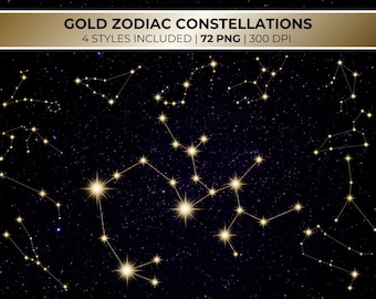 Gold Zodiac Constellation Clipart, Astrology PNG Bundle (Digital Download)