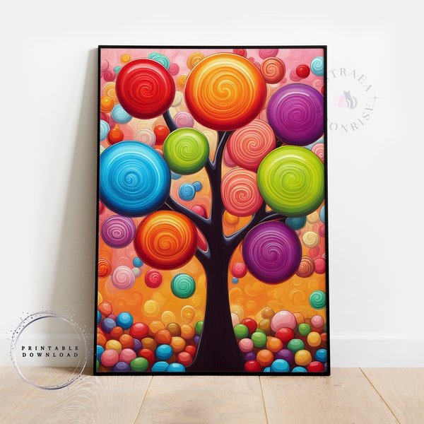 Lollipop Orange Tree Print, Tree Candy Poster, Printable Wall Art, Colourful Nursery Decor, Kitchen Wall Art, Vibrant Sweet Poster, Food Art