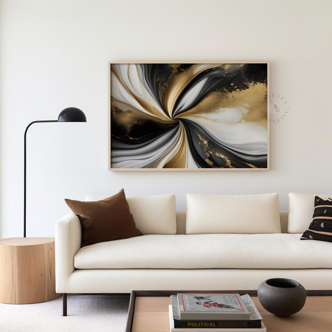 Black and White Gold Wall Art, Printable Living Room Decor, Marble
