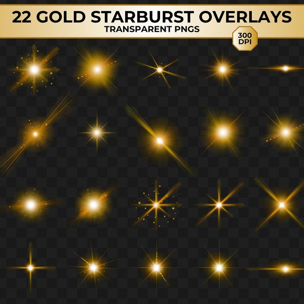 Gold Starburst PNG Overlay - Set of 22 Bright Gold Star Clipart Transparent PNG files, Glowing Light Effects, Galaxy PNGs, Golden Lens Flare