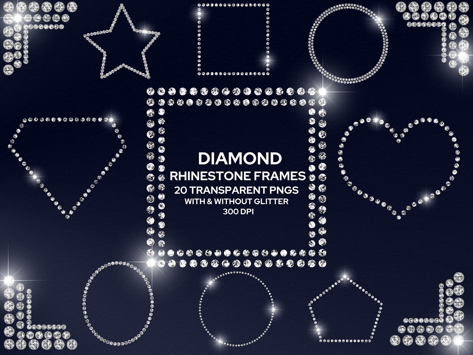 Diamond Rhinestone Frame Clipart, Bling Diamond Frame PNG Set of 20 ...
