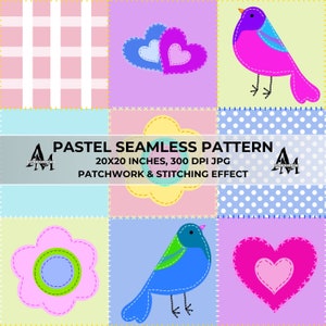 Bird & Flowers Seamless Pattern File, Repeat Pattern with Stitching, Bright Digital Paper, Fun Kids Design Patchwork Seamless Pattern