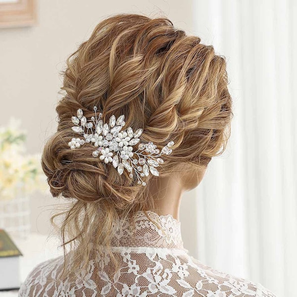 Wedding Hair Comb Clip Pearl Hairpin Rhinestone Combs Bridal Hair Accessories, Silver - 14*6 cm