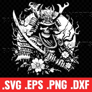 May include: Black and white illustration of a samurai skull wearing a helmet with a sword in its hand. The skull is surrounded by flowers and vines.