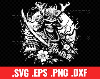 Samurai Sakura Warrior SVG, Japanese Undead Swordsman PNG, Oriental Ceremonial Fighter Vector, Floral Skeleton Clip Art, Sakura Skull Print