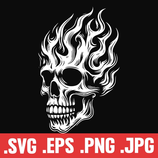 Flaming Skull SVG, Skull in Flames PNG, Burning Skulls EPS, Cool Halloween Tshirt Idea, Scary Skeleton Head Clipart, Cranium Flame, Vector