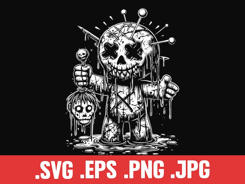 May include: A black and white illustration of a stitched voodoo doll with a dripping, bloody appearance. The doll is holding a small doll's head in its hand. The doll has a stitched-up mouth and X's for eyes.
