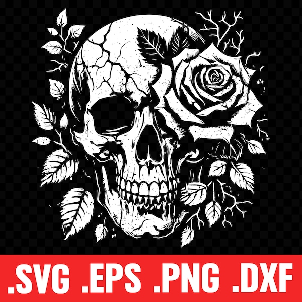 Skull Rose SVG, Floral Skull, Grunge Skull with Flowers, Gothic Skull with Roses, Flower Skull PNG, Skull Lover Shirt, Distressed Skull Art