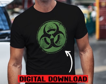 May include: A black t-shirt with a green biohazard symbol printed on the front. The symbol is a stylized three-leaf clover with a circle around it.