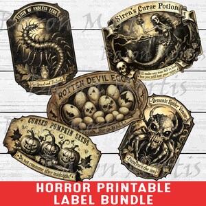 Op de afbeelding: Een verzameling Halloween-labels in vintage-stijl met griezelige illustraties en tekst. De labels bevatten "Elixir of Endless Legs", "Siren's Curse Potion", "Rotten Devil Eggs", "Cursed Pumpkin Seeds" en "Demonic Spider Venom". De tekst "HORROR PRINTABLE LABEL BUNDLE" staat onderaan.