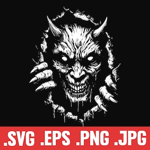 May include: A black and white illustration of a demon with horns and claws emerging from a hole in a wall.
