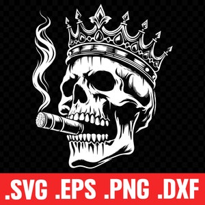 May include: A black and white illustration of a skull wearing a crown and smoking a cigar. The skull is depicted with a detailed facial structure and a crown with ornate details. The cigar is held in the skull's mouth and smoke is rising from it.