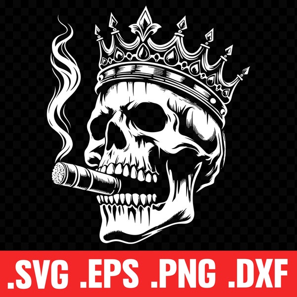 Skull King Smoking Cigar SVG, Cool Skull PNG, Urban Skull Vector, Skull T-shirt for Boyfriend, Skull Silhouette Clip Art, Skull Mug for GF