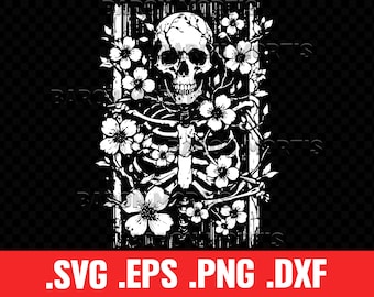 May include: Black and white illustration of a skull with a ribcage and flowers. The skull has a detailed design with a prominent nose and eye sockets. The flowers are stylized and have five petals each.