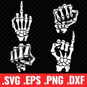 May include: Four different skeletal hand gestures, including a middle finger, a fist, a pointing finger, and a fist with the thumb sticking out. The hands are white against a black background.