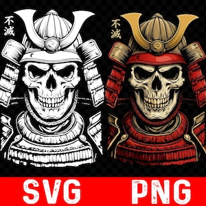 May include: Illustration of a samurai skull in two versions: black and white, and full color. The color version features a red and gold helmet and armor. The image includes the text "SVG" and "PNG" in red.