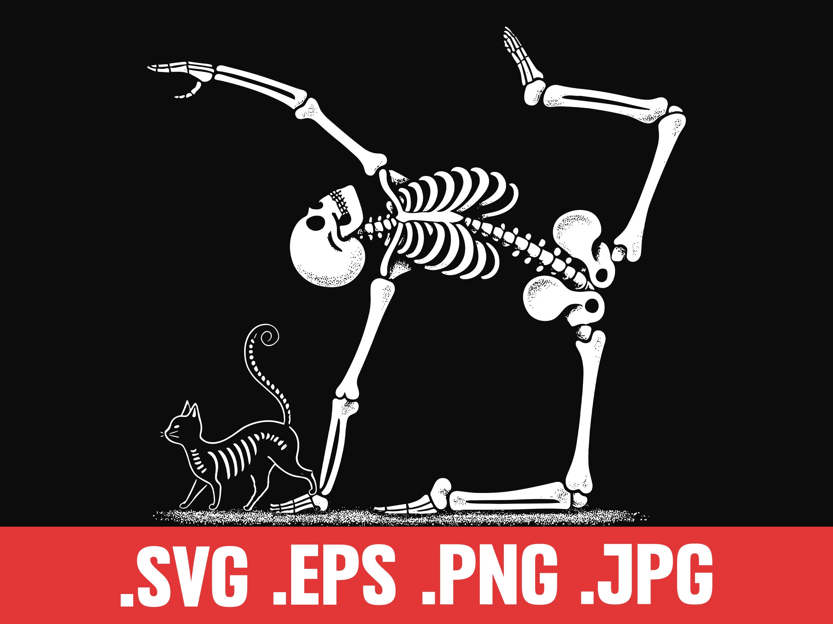 Funny Yoga Skeleton, Cute Yoga Black Cat, Halloween Funny SVG, Skeleton and Cat Clipart, Black Cat Owner, Horror Addict, Birthday Gift