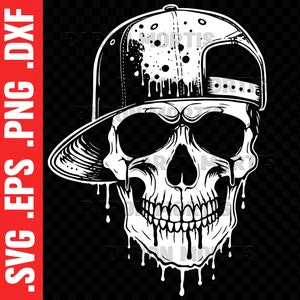 Skull Stencil SVG, Urban Skull PNG, Skater Skull Vector, Rebel Skull Silhouette, Printable Skull Wearing a Backwards Snapback Hat, Horror