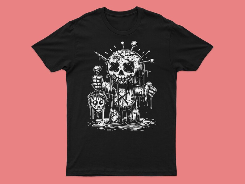 May include: Black and white illustration of a voodoo doll with pins sticking out of its head and dripping with blood. The doll is holding a severed head in its hand.