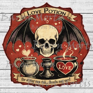 Vintage Love Potion Label: Skull & Bat Wings (Digital Download)