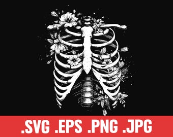 Floral Ribcage, Skeleton and Flowers, Horror Beauty, Halloween Costume, Sublimation Print, SVG, PNG, Clipart, Gift Idea, Black Shirt Vector