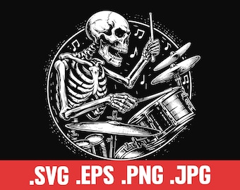 Skeleton Drummer, Skull Drum Player, DYI Print, Music Skull SVG, Skeleton Drum Player PNG, Gift for Rock Lover, Halloween Costume Idea