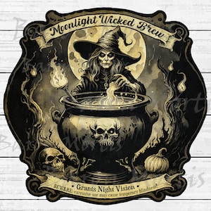 Halloween Witch Vintage Label, Afdrukbaar Apotheker Horror Label, Moonlight Wicked Brew Label, Spooky Magic Potion, Hekserij Pantry Elixir