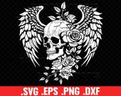 Winged Skull with Roses SVG PNG: Gothic Tattoo Stencil (Digital Download)