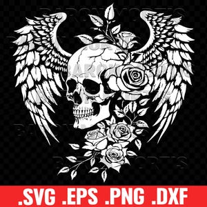 May include: A black and white illustration of a skull with wings and roses. The skull has a detailed design with a prominent jawline and a large nose. The wings are spread out behind the skull and the roses are clustered around the skull's head.