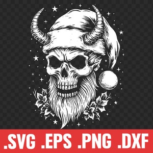 May include: A black and white illustration of a skull wearing a Santa hat with horns. The skull has a beard and is surrounded by holly.
