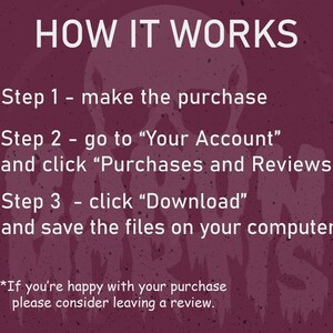 May include: A pink and white graphic with the text "HOW IT WORKS" and instructions on how to download a digital purchase. The instructions include: "Step 1 - make the purchase", "Step 2 - go to "Your Account" and click "Purchases and Reviews", "Step 3 - click "Download" and save the files on your computer". The graphic also includes the text: "*If you're happy with your purchase please consider leaving a review."