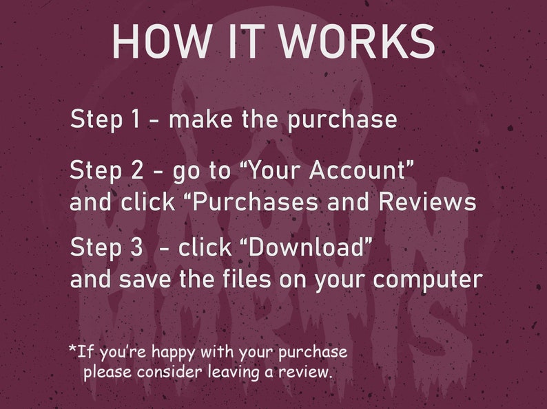 May include: A pink and white graphic with the text "HOW IT WORKS" and instructions on how to download a digital purchase. The instructions include: "Step 1 - make the purchase", "Step 2 - go to "Your Account" and click "Purchases and Reviews", "Step 3 - click "Download" and save the files on your computer". The graphic also includes the text: "*If you're happy with your purchase please consider leaving a review."