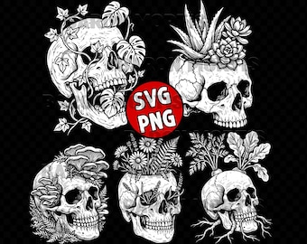 Paquete SVG de calavera botánica / Clipart de jardín gótico (descarga digital)