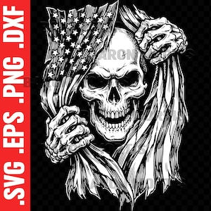 May include: A black and white illustration of a skull tearing through an American flag. The skull has a menacing grin and is framed by the flag's stars and stripes. The image includes the text: .SVG .EPS .PNG .DXF in a red vertical bar.