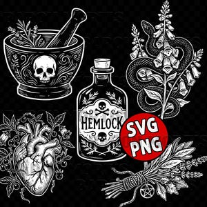 May include: Black and white illustration featuring a mortar and pestle with a skull, a bottle labeled "Hemlock", a human heart, a snake coiled around flowers, and a bundle of herbs. The image includes "SVG PNG" text.