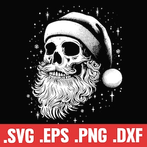 May include: A black and white illustration of a skull wearing a Santa hat with a beard. The skull is surrounded by stars and snowflakes.