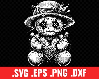 May include: A black and white illustration of a voodoo doll with a stitched-up face, holding a heart with needles through it. The doll is wearing a hat with a feather.