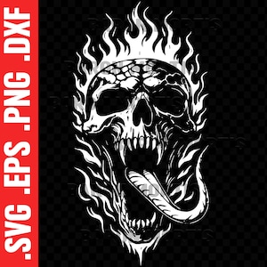 May include: A black and white illustration of a skull with flames behind it. The skull has a large, open mouth with a long, pointed tongue sticking out.