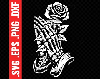 Praying Hands Silhouette SVG, Skeleton Hand Holding Rose PNG, Religious Prayer Printable Vector, Horror Flower Clipart, Cricut Stencil File