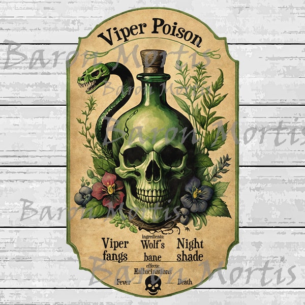 Viper Poison Printable Label, Witchcraft Potion Label, Apothecary Bottle Lable, Skull and Snake Vintage Label, Watercolor Halloween Tag