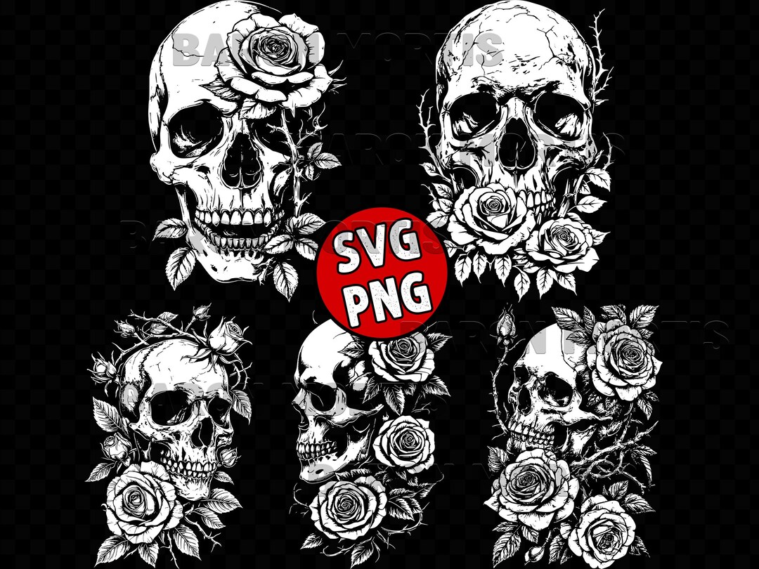 Floral Skull SVG Bundle | Gothic Rose Skeleton Tattoo Clipart (digital ...