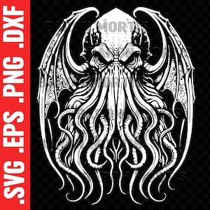 May include: Black and white illustration of a Cthulhu-like creature with wings and tentacles. The creature has a large head with a menacing expression.