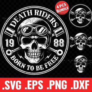 May include: Black and white illustration of a skull wearing goggles and a motorcycle helmet. The skull is surrounded by a circle with the text "Death Riders" and "Born to be Free".